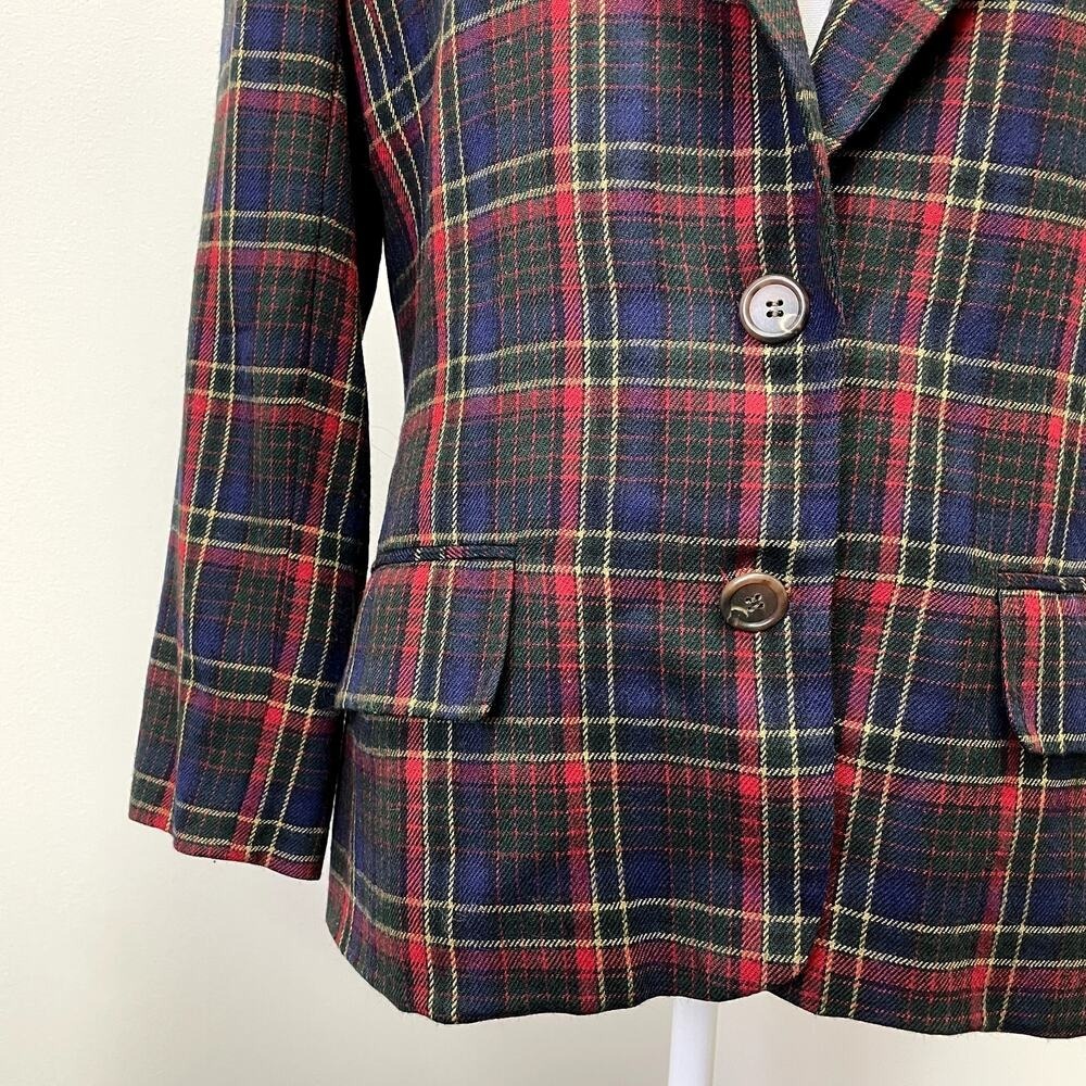 Lauren Ralph Lauren Plaid Worsted Wool Blazer Navy Red Green Size 12 Made in USA - Picture 4 of 16
